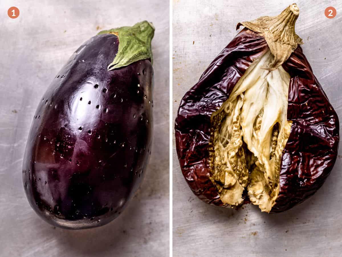Aubergine before and after roasting.