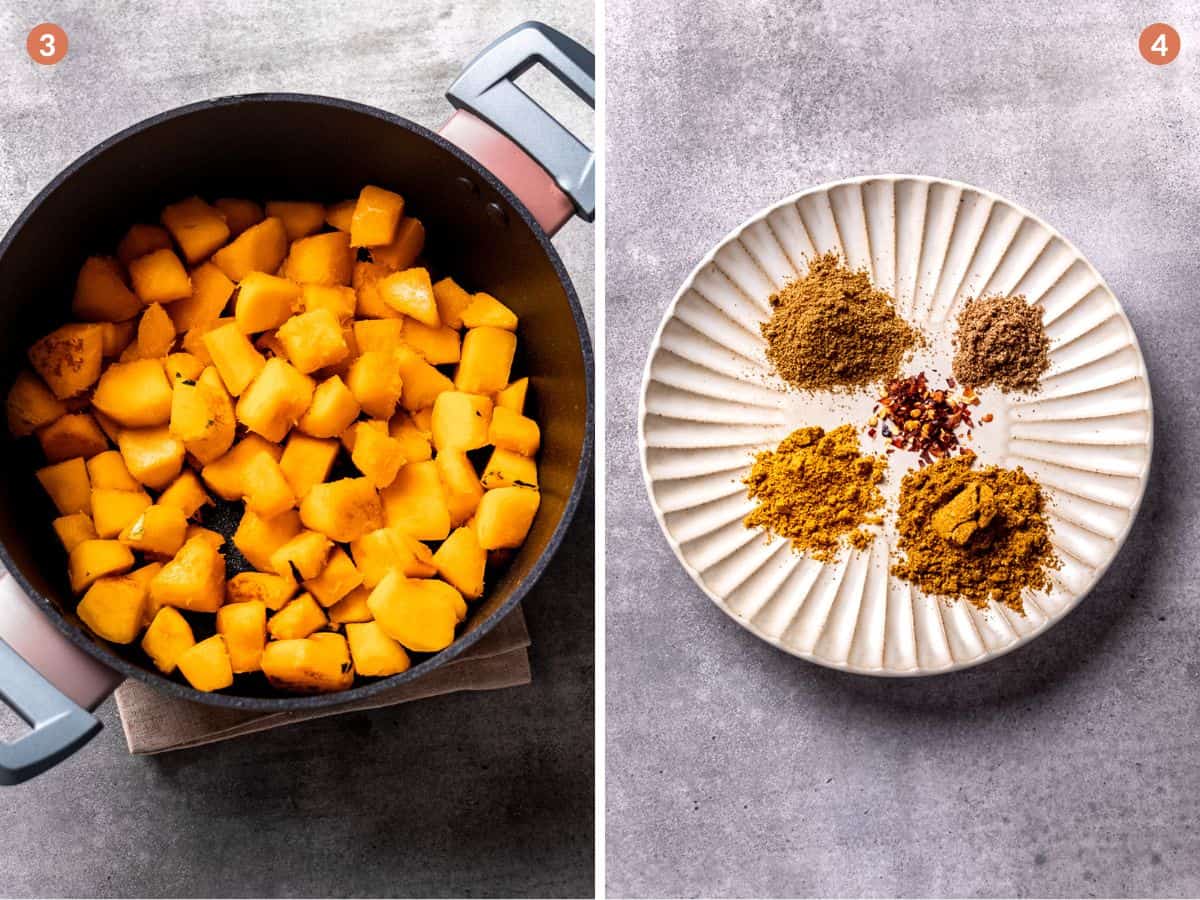 Chopped butternut squash in a pan with spices.