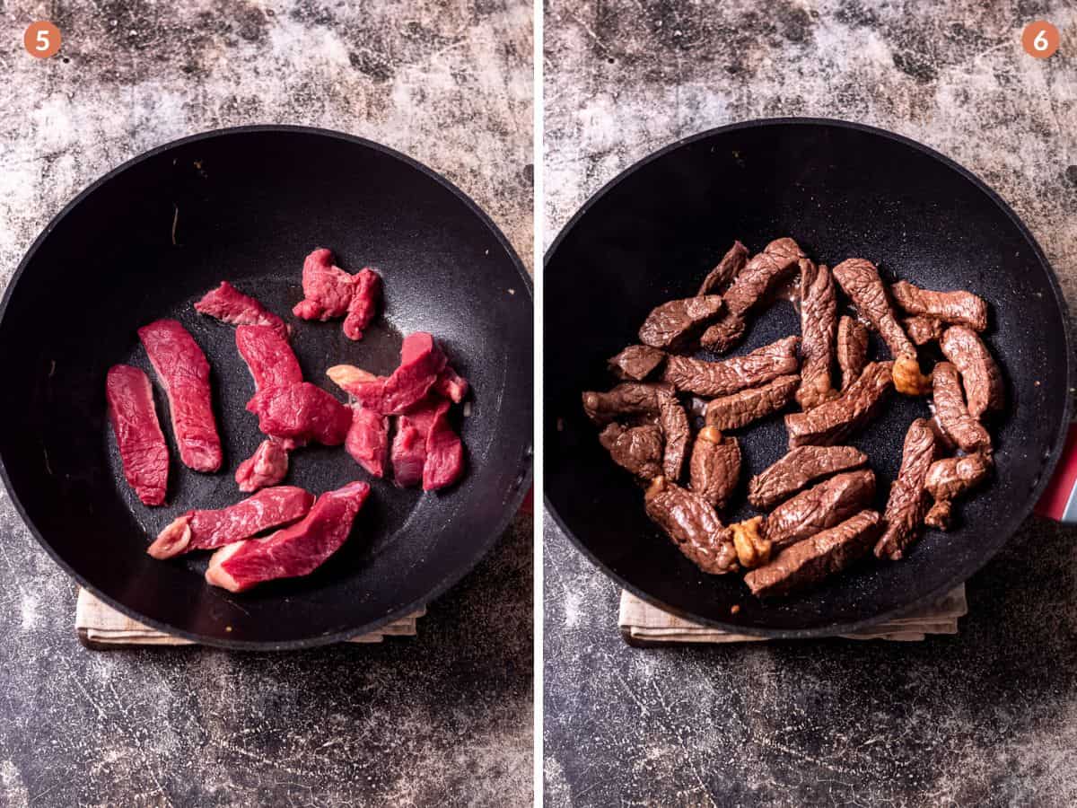 Beef being fried in a wok.