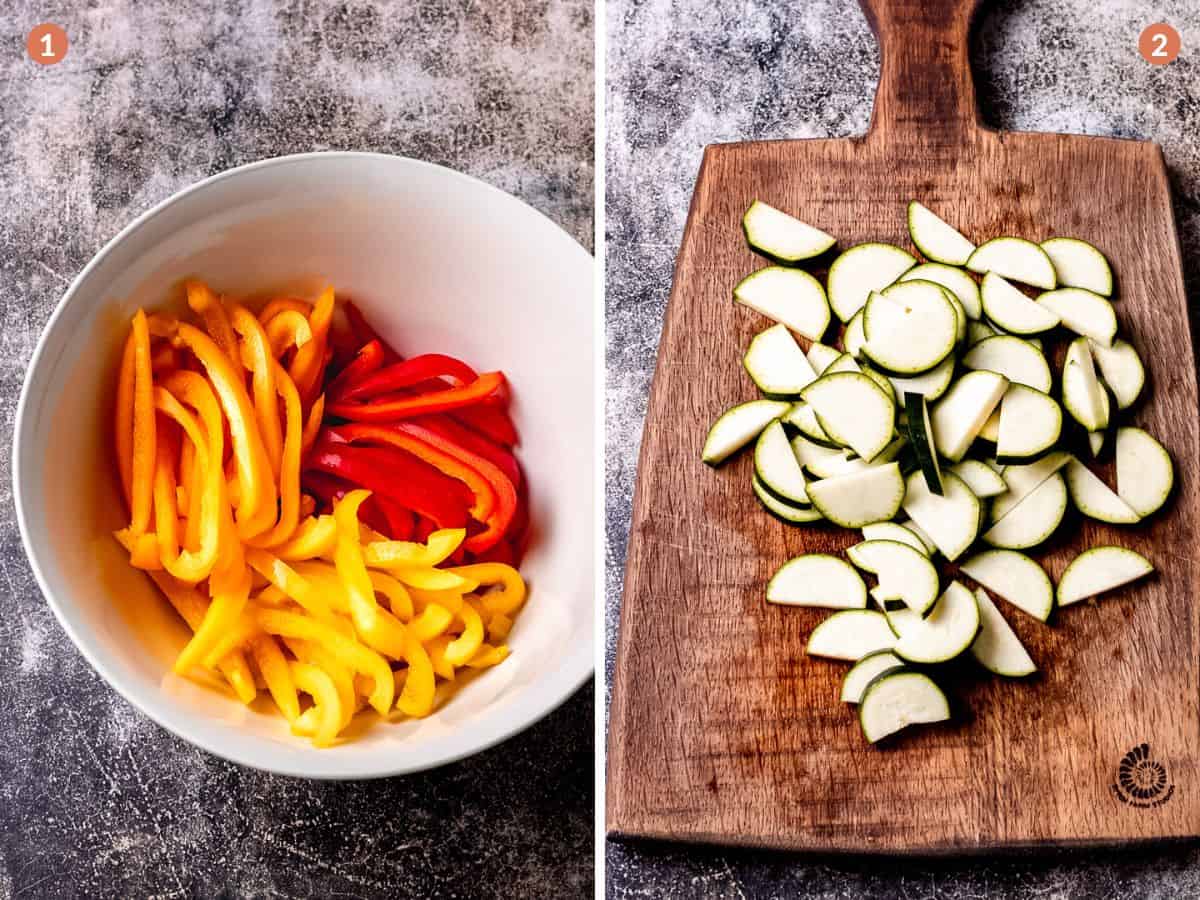 Thinly sliced vegetables for stir fry.