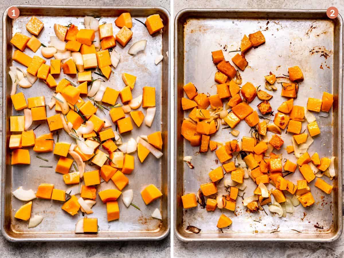 Diced squash being roasted.