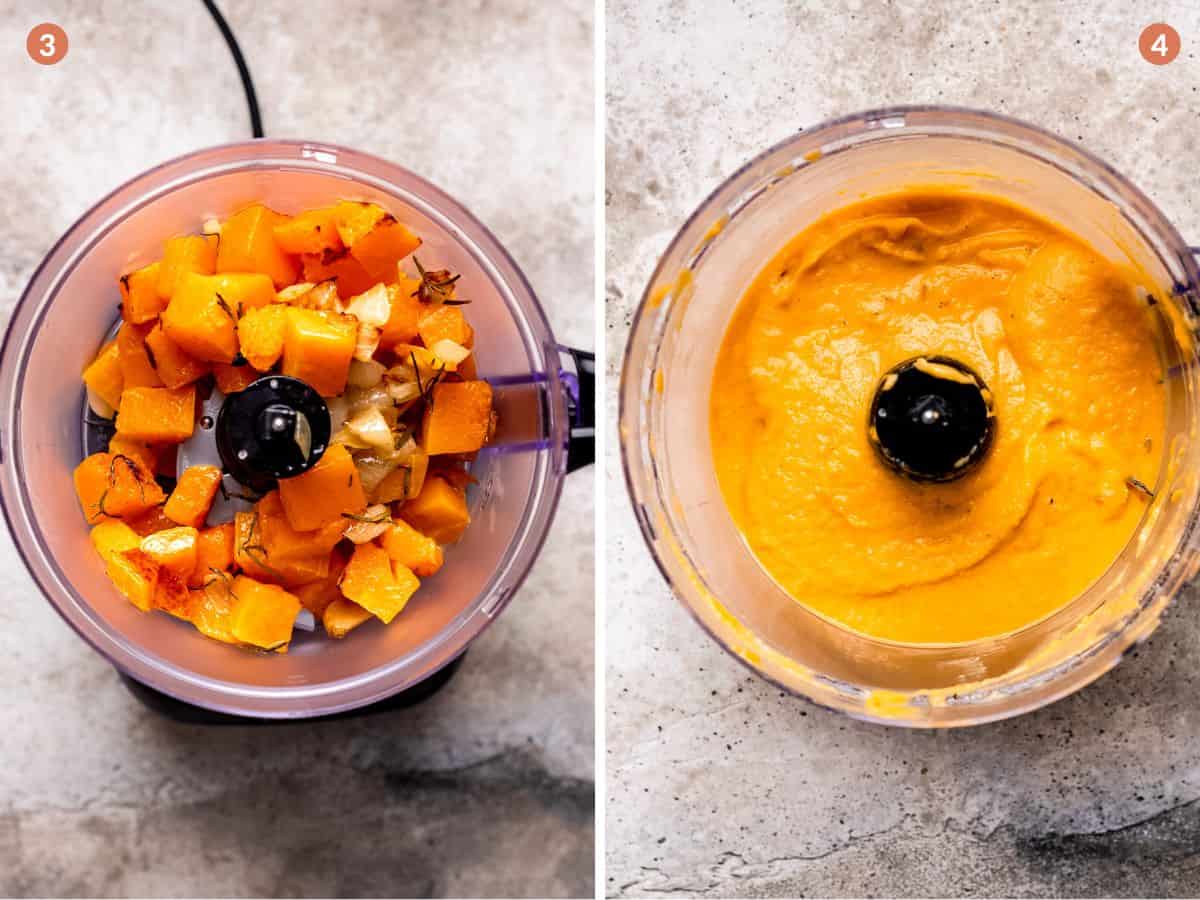 Squash in a food processor being blended into sauce.