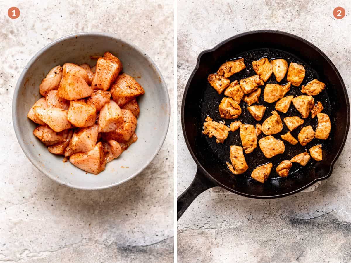 Cajun chicken in a frying pan.