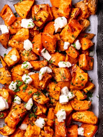 Crispy roasted sweet potatoes with goat's cheese.