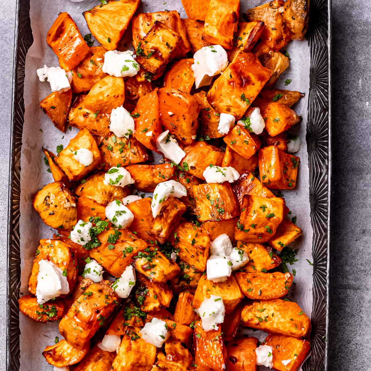 Crispy roasted sweet potatoes with goat's cheese.