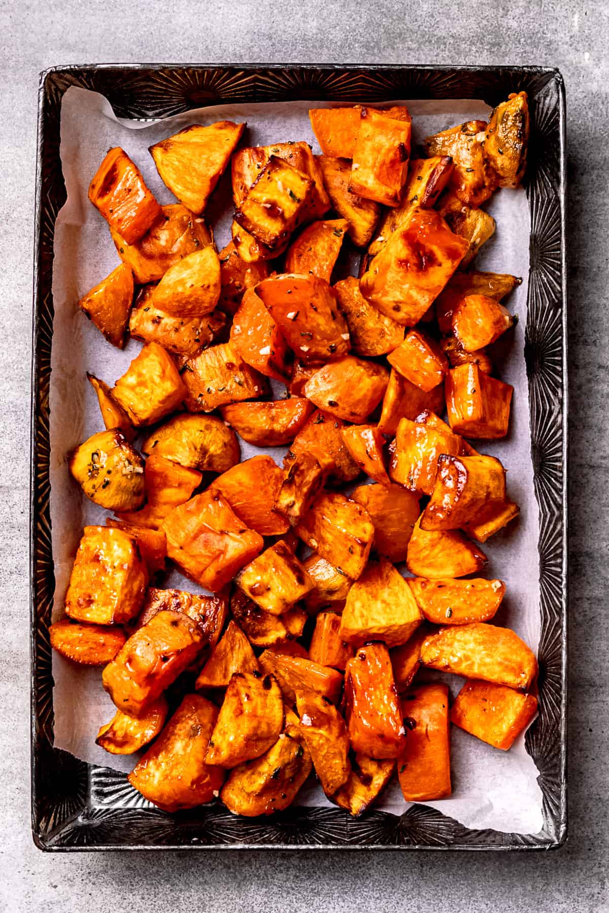 A tray of roasted sweet potatoes.