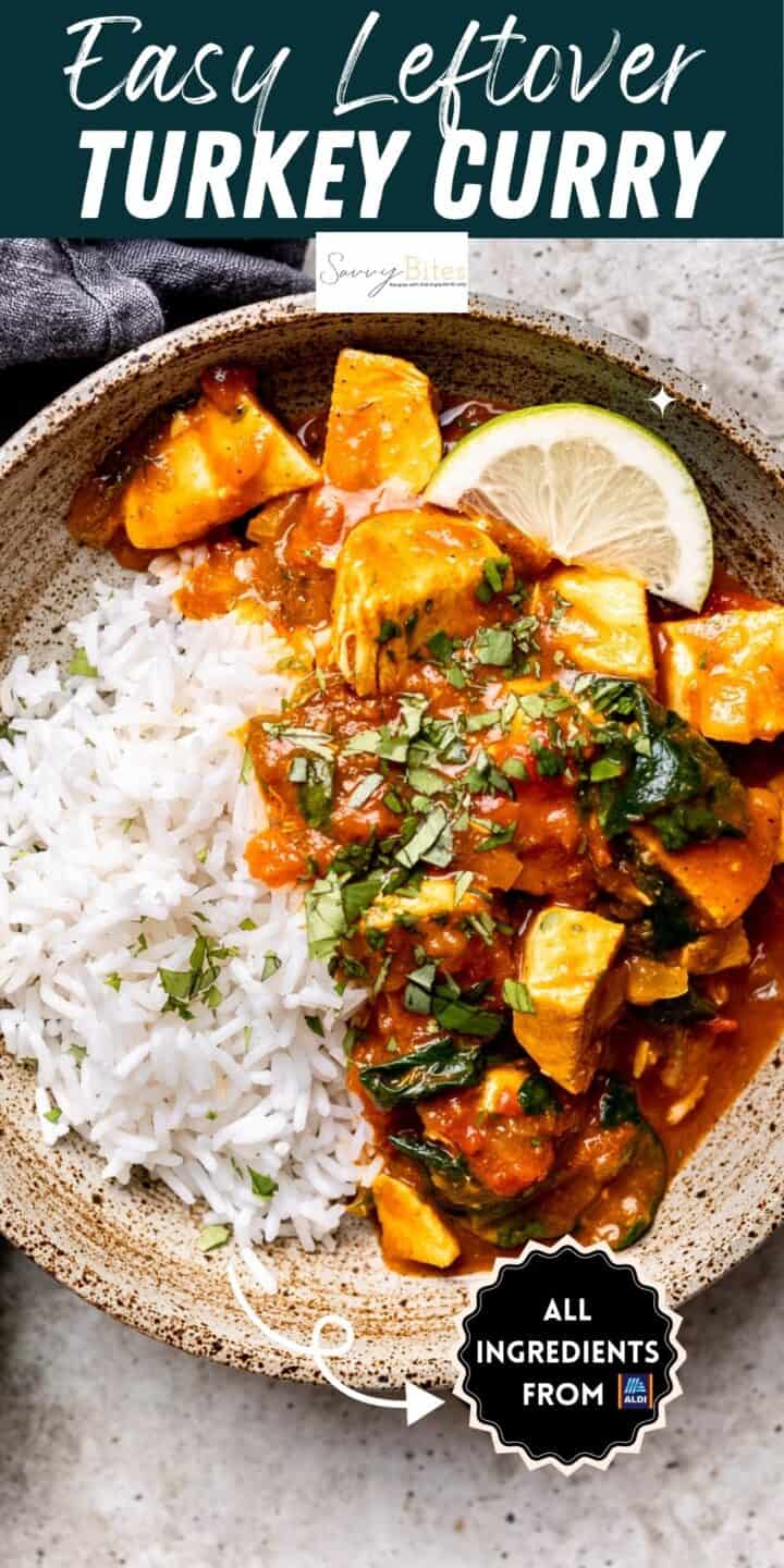 Leftover turkey curry with rice in a bowl with lime wedges.