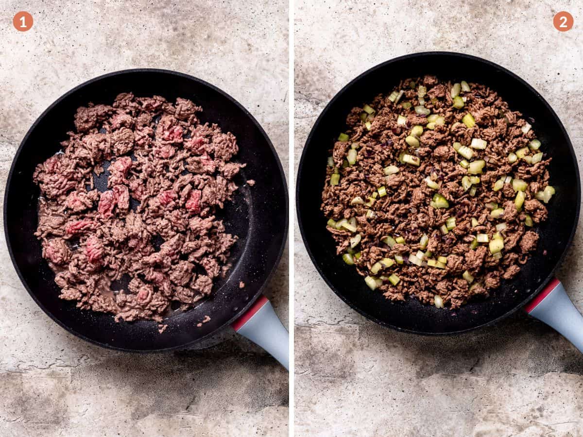 Mince beef being browned for chilli.