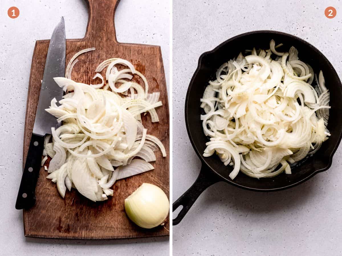 Sliced onions in a pan.
