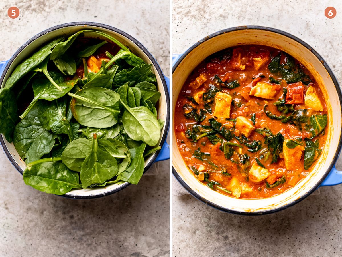 Spinach in a pot of leftover turkey curry.