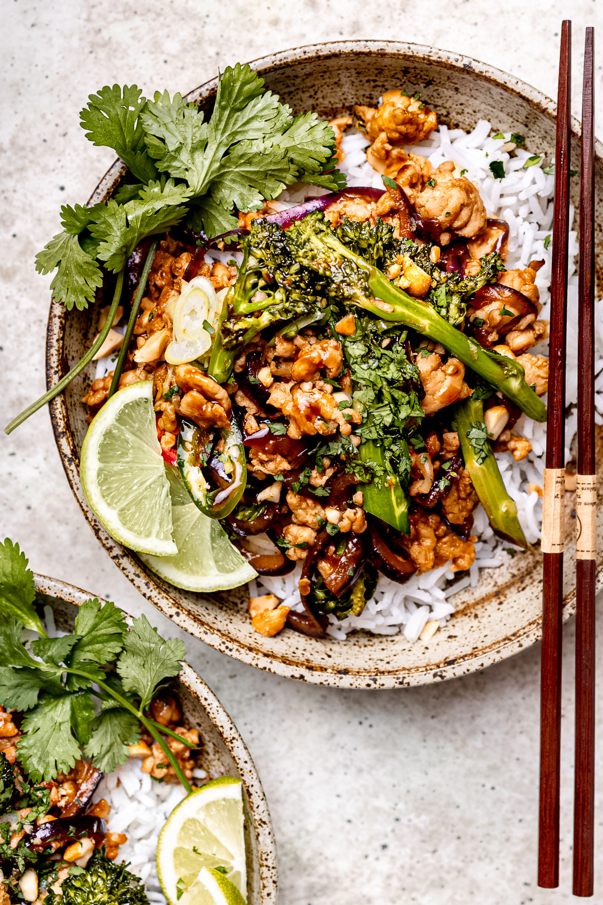 Turkey Mince Stir Fry in a bowl with rice and vegetables.