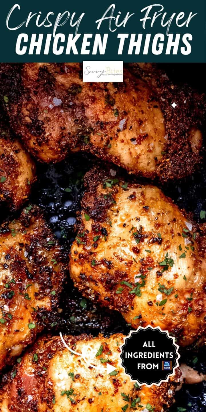 Crispy air fryer chicken thighs with seasonings in the air fryer.