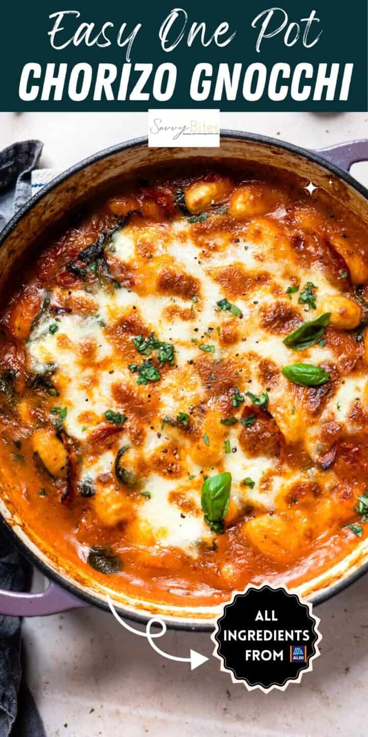 One pot chorizo gnocchi with basil in a skillet.