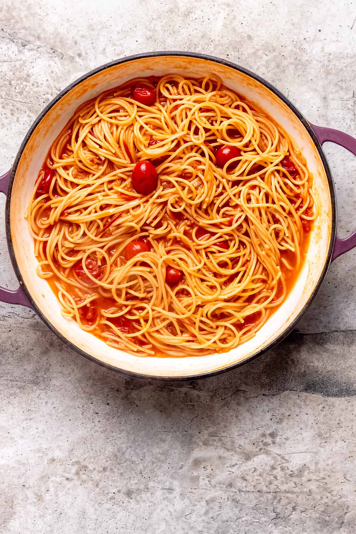 Cooked pasta in tomato sauce.