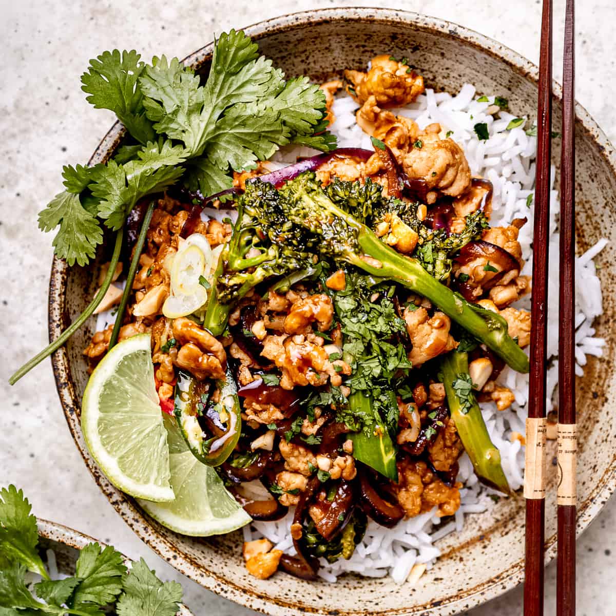 Turkey Mince Stir Fry in a bowl with rice and vegetables.