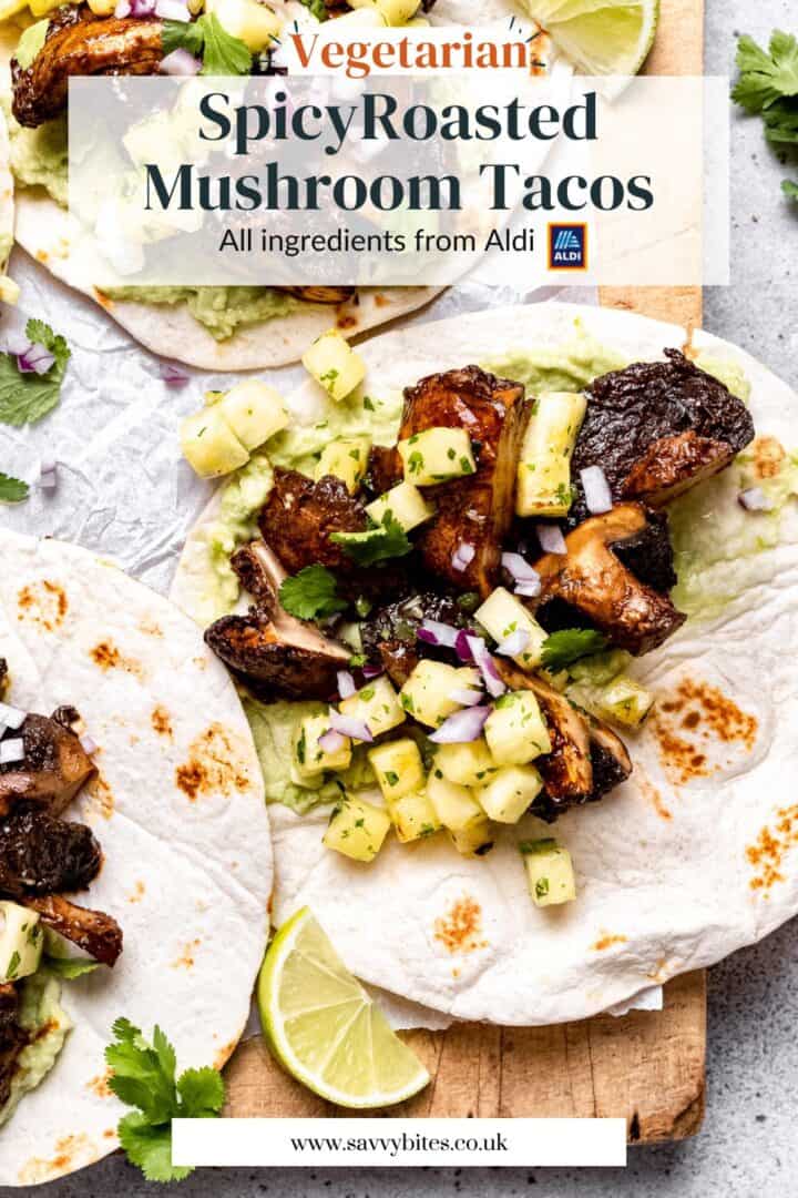 Roasted mushrooms tacos with lime wedges.