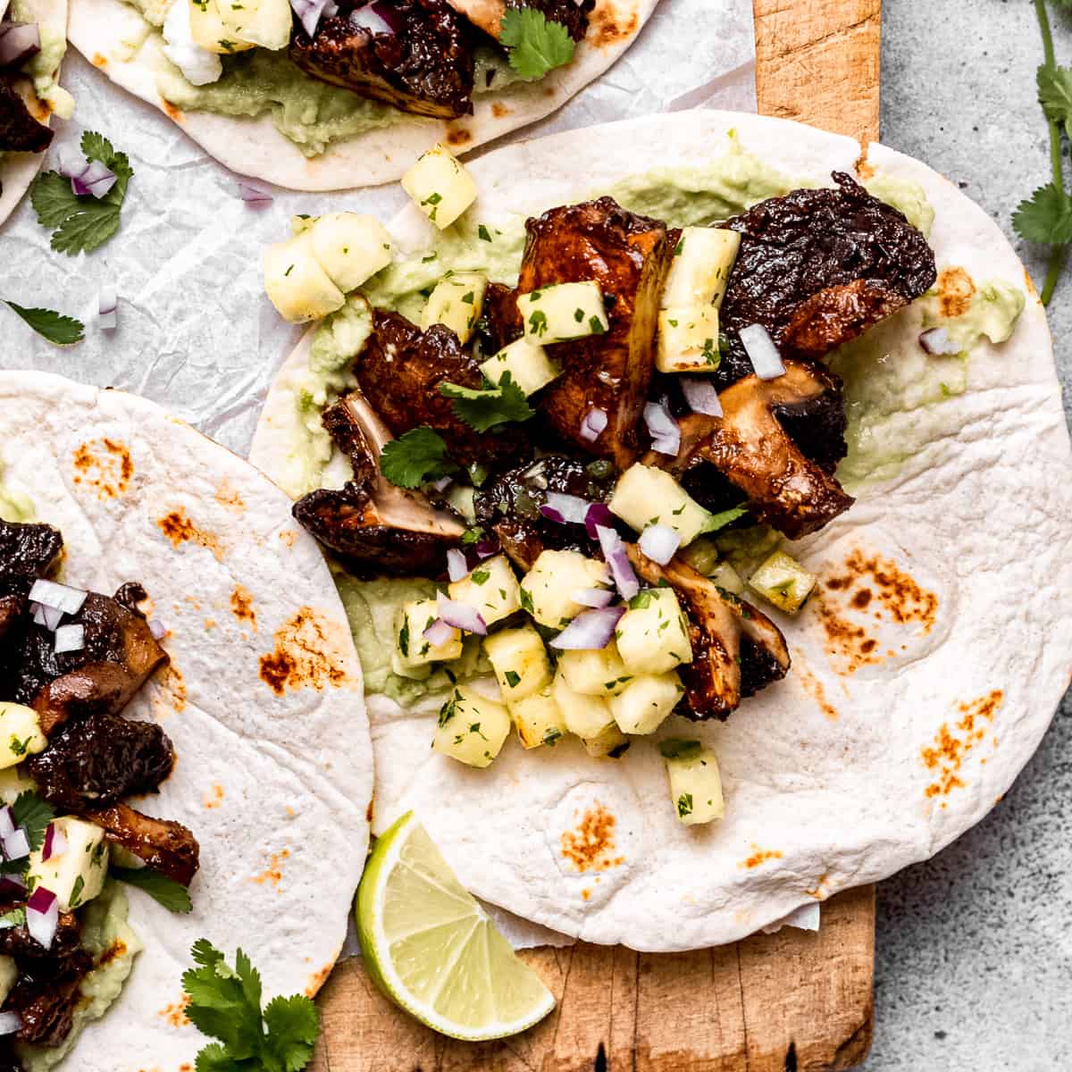 Roasted mushroom tacos with pineapple salsa.