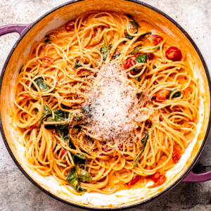 Tomato Mascarpone Pasta with cheese and spinach.