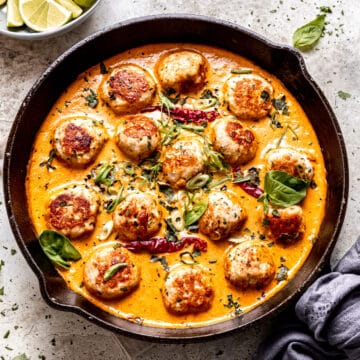 Turkey meatballs in Thai red curry sauce.
