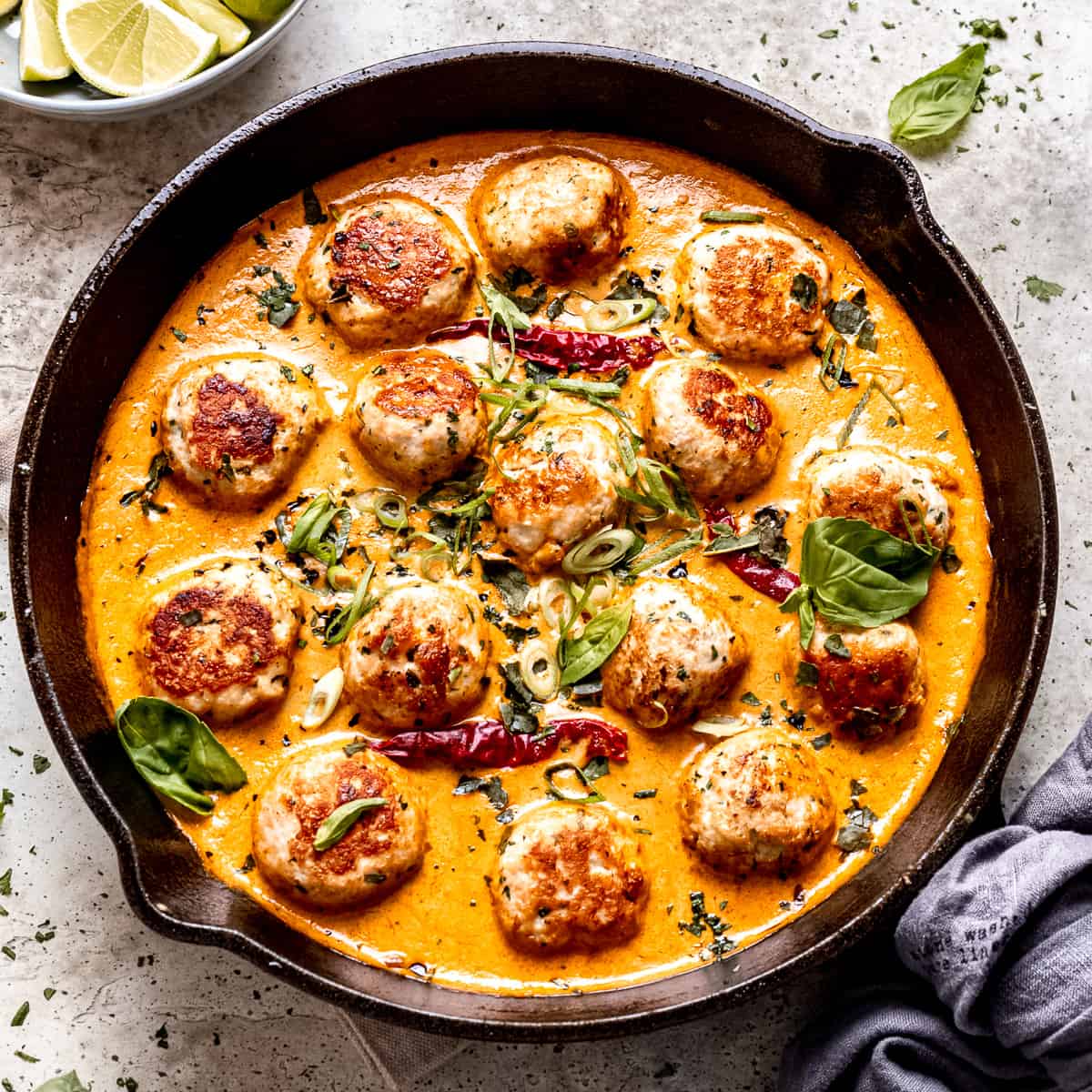 Turkey meatballs in Thai red curry sauce.