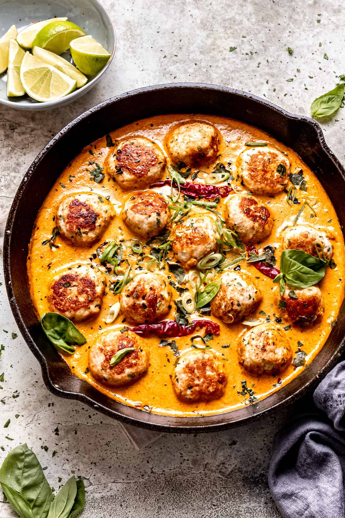 Turkey meatballs in Thai red curry sauce.