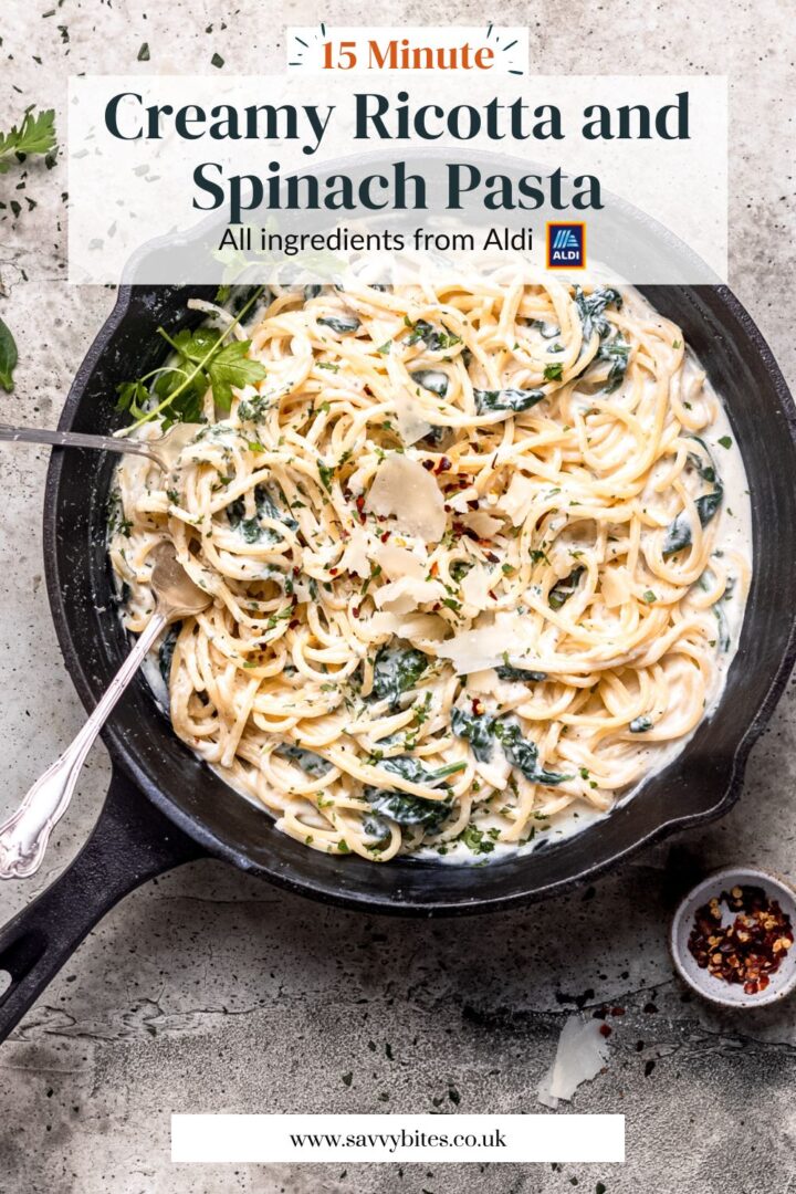 Ricotta spinach pasta in a pan with text.