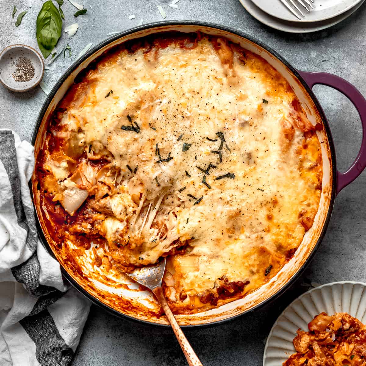 Baked one-pot lasagna with melted cheese.