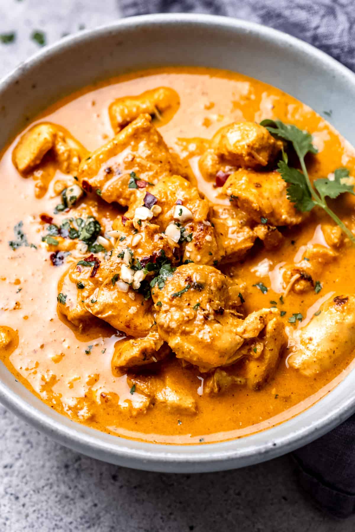 Slow cooked chicken Korma with cilantro.