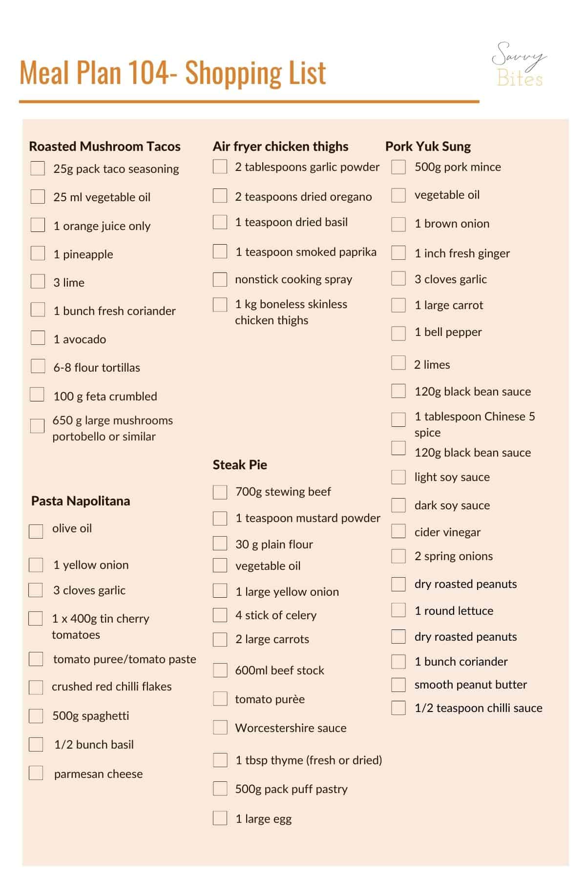 Budget meal plan shopping list.