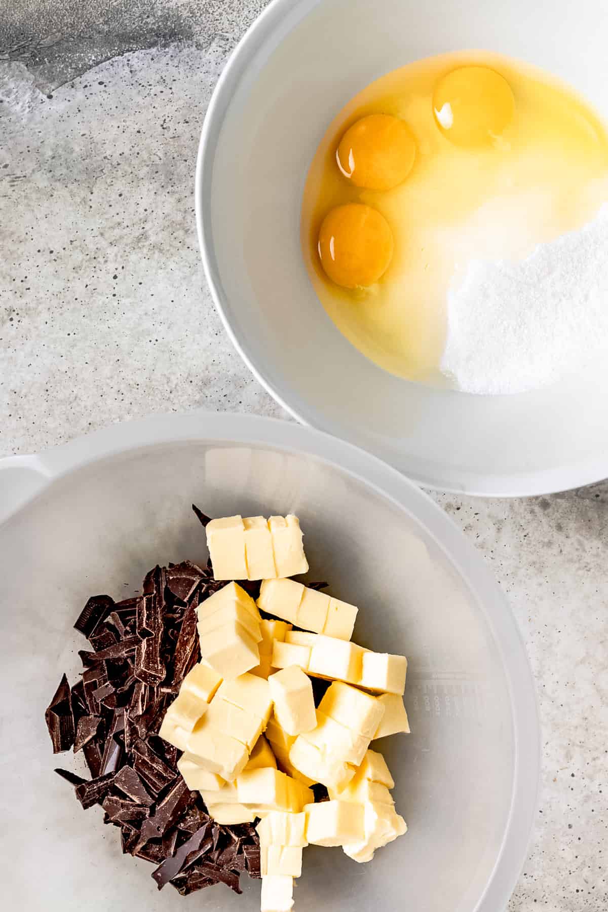 Ingredients for making brownies including dark chocolate.