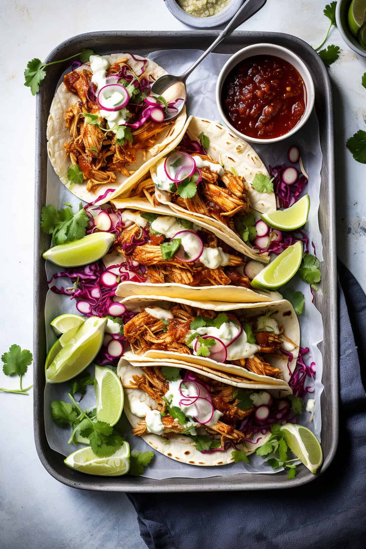 BBQ chicken tacos on a tray with sauce.