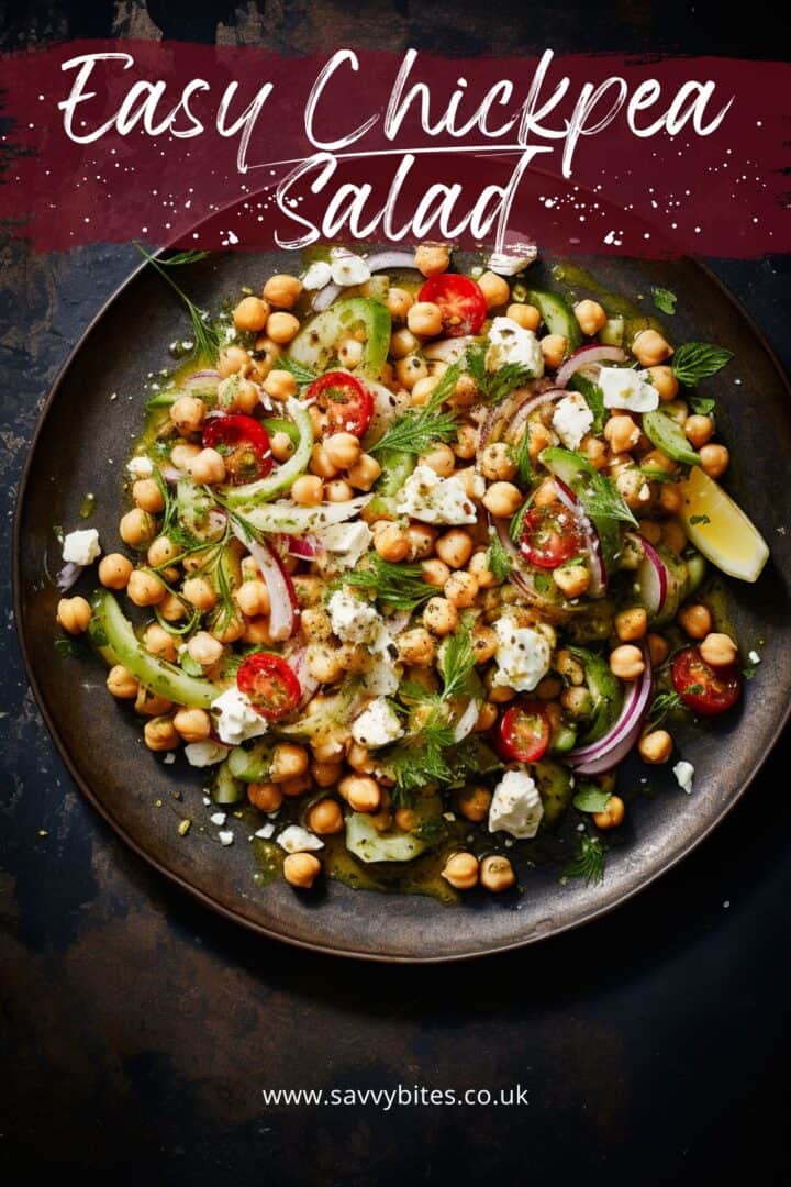 Chickpea salad with text overlay.