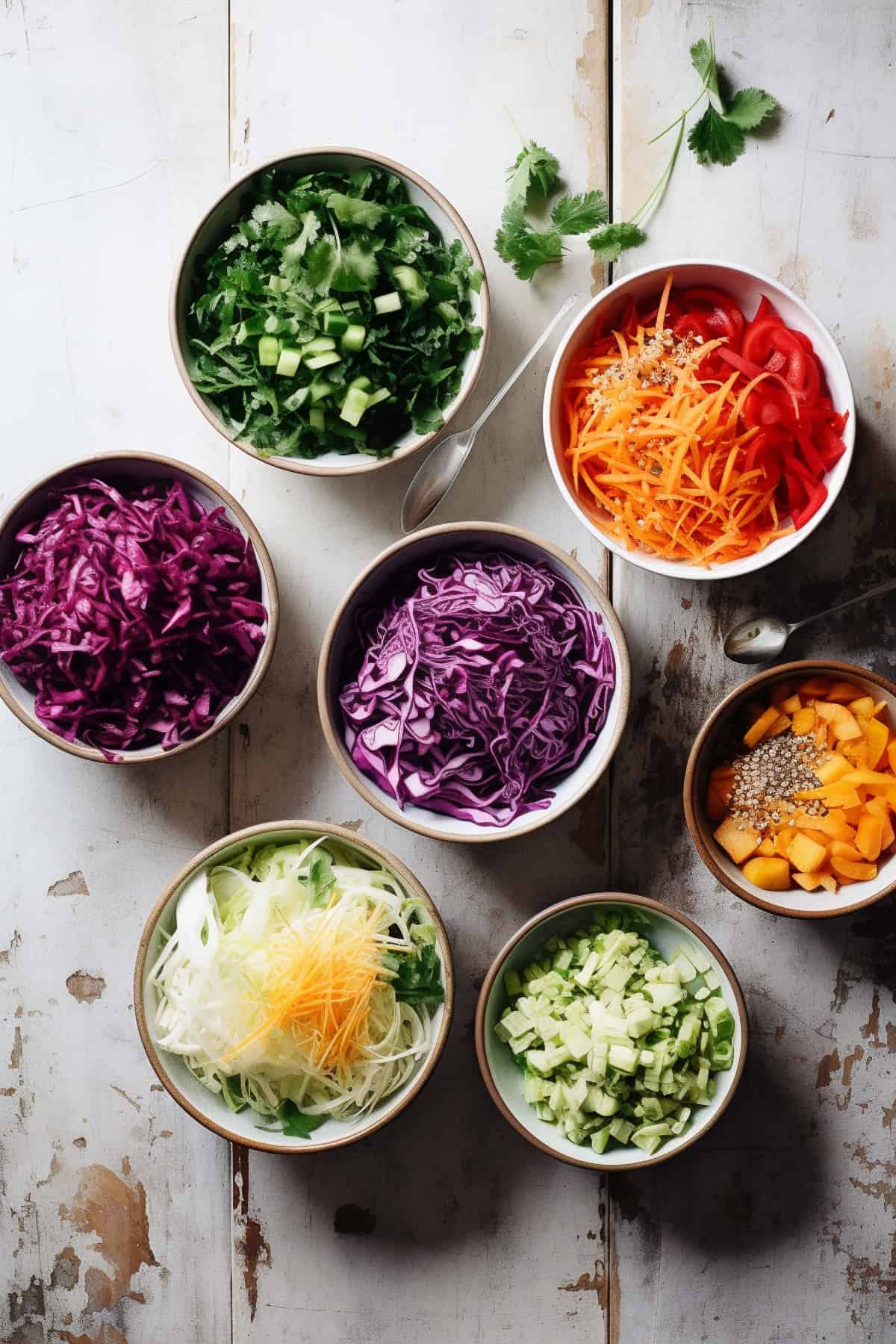Ingredients for coleslaw in a white table.