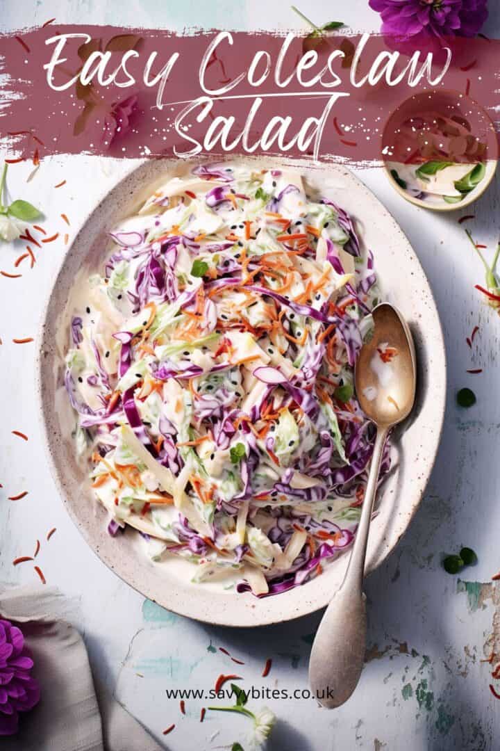 Creamy coleslaw with text overlay.