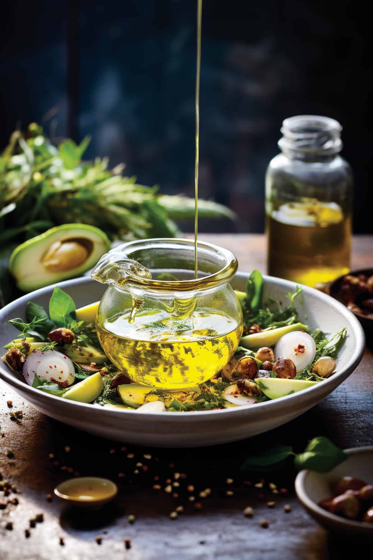 Homemade olive oil vinaigrette on a jar.