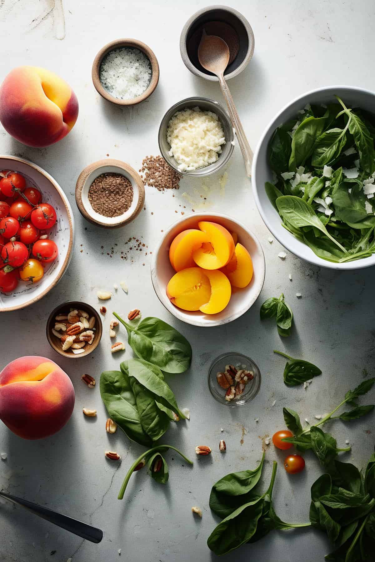 Ingredients for peach spinach salad with vinaigrette.