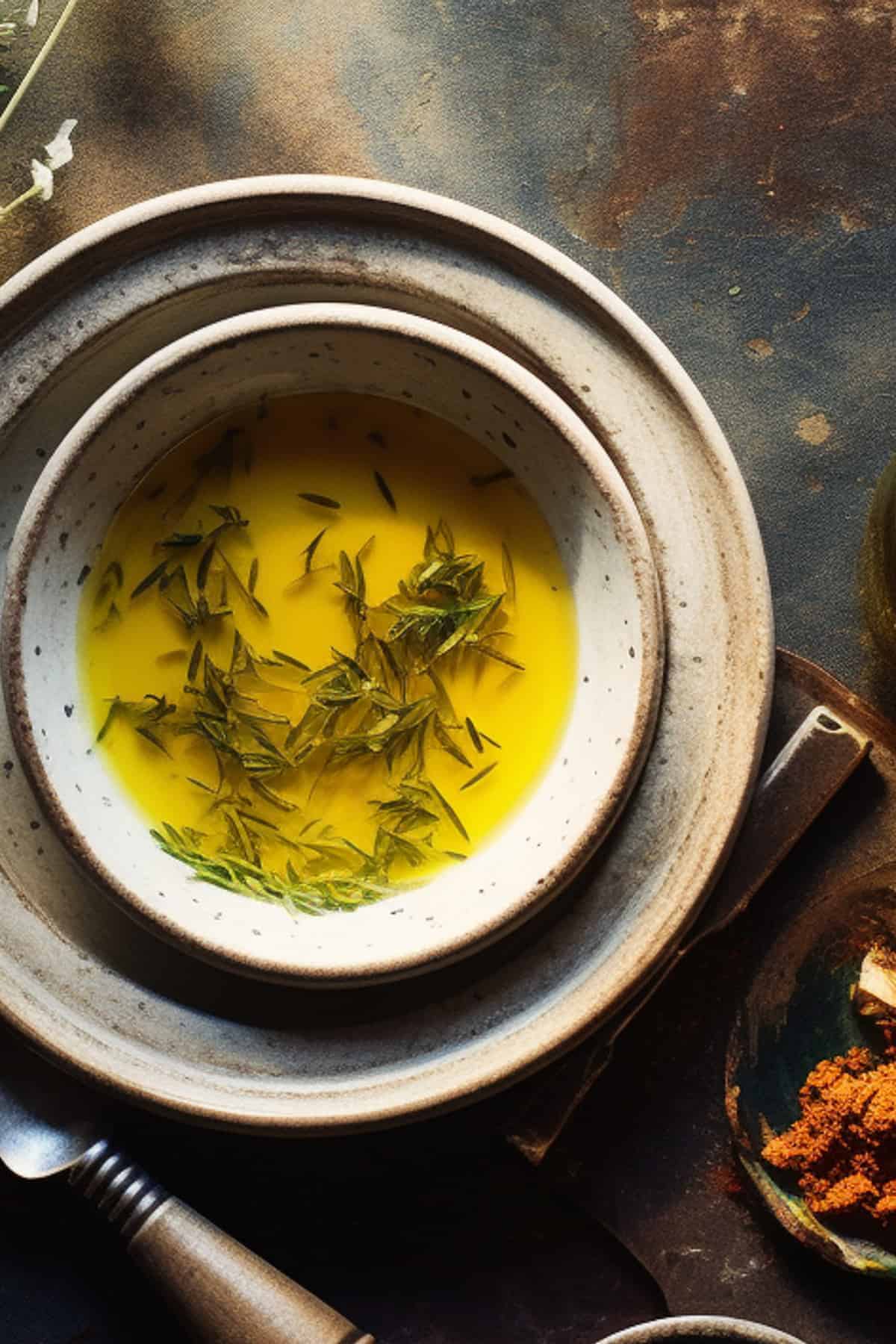 Olive oil vinaigrette in a bowl.