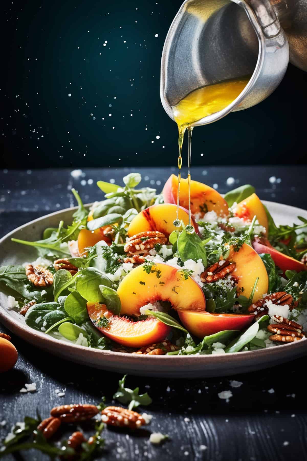 Peach Spinach Salad being drizzled with dressing.