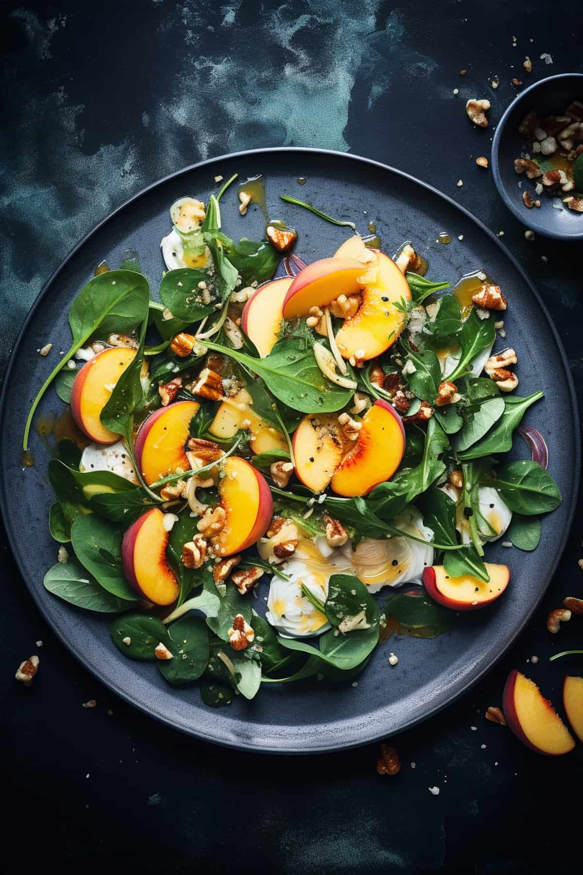 Peach salad with spinach and almonds.