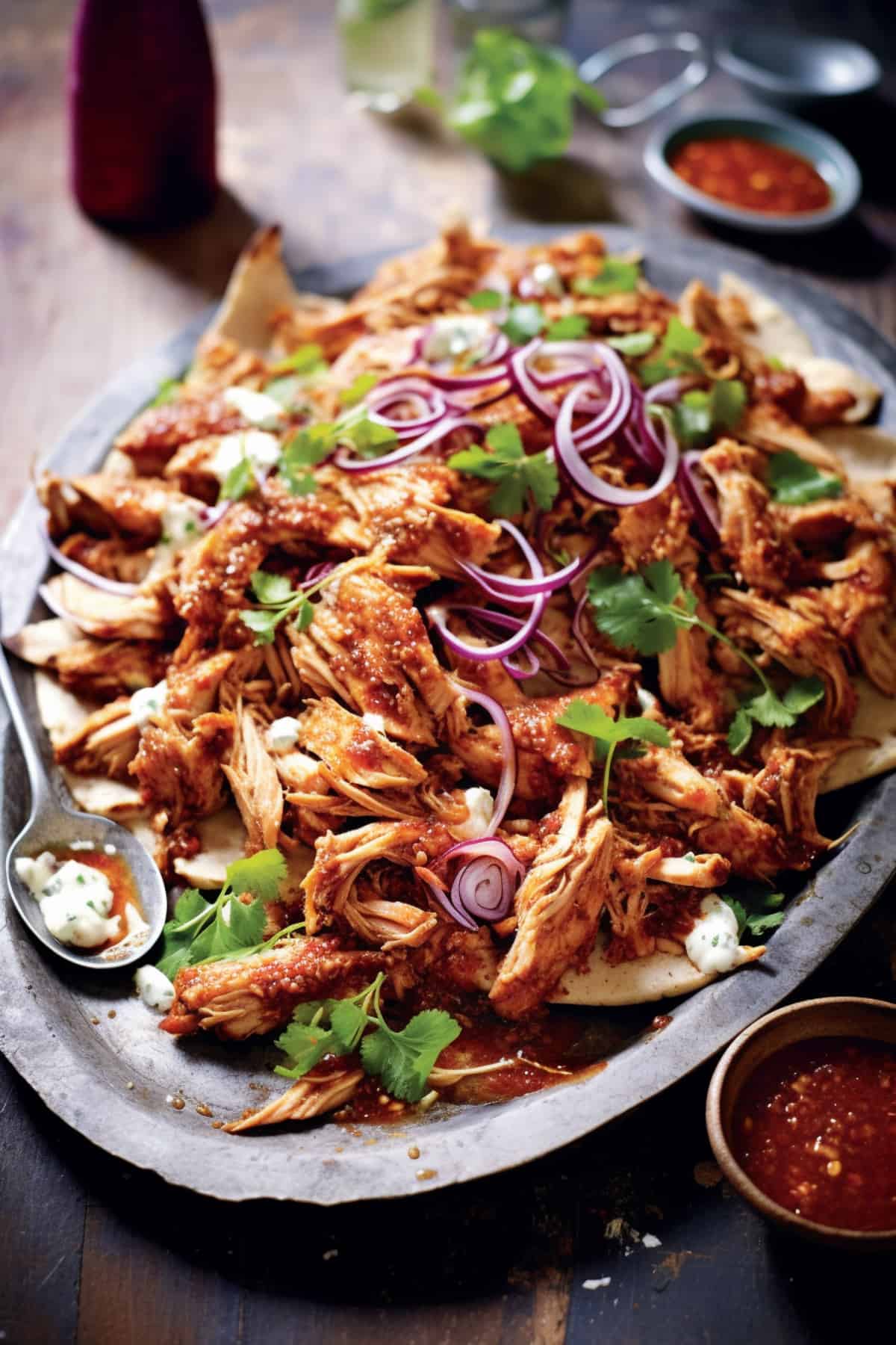 Platter of BBQ pulled chicken with BBQ sauce.