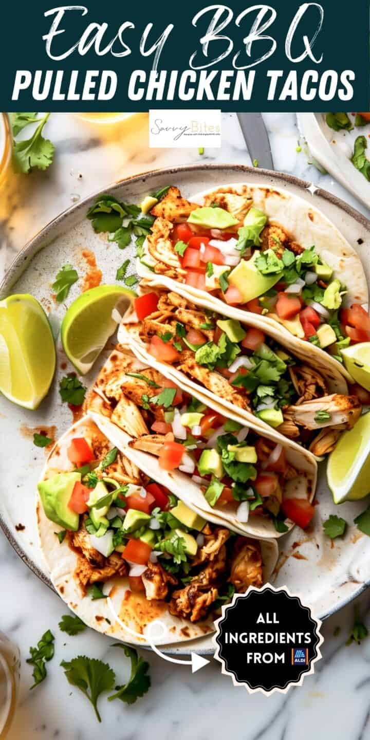 Pulled chicken tacos on a plate with text overlay.