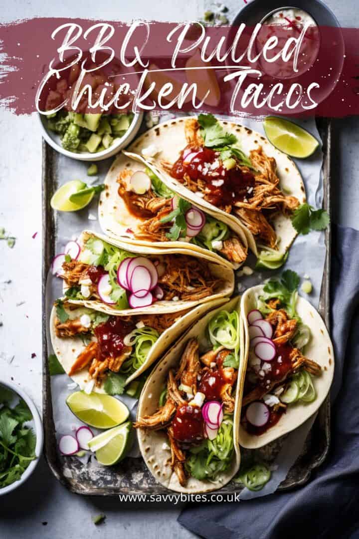 BBQ pulled chicken tacos with text overlay.