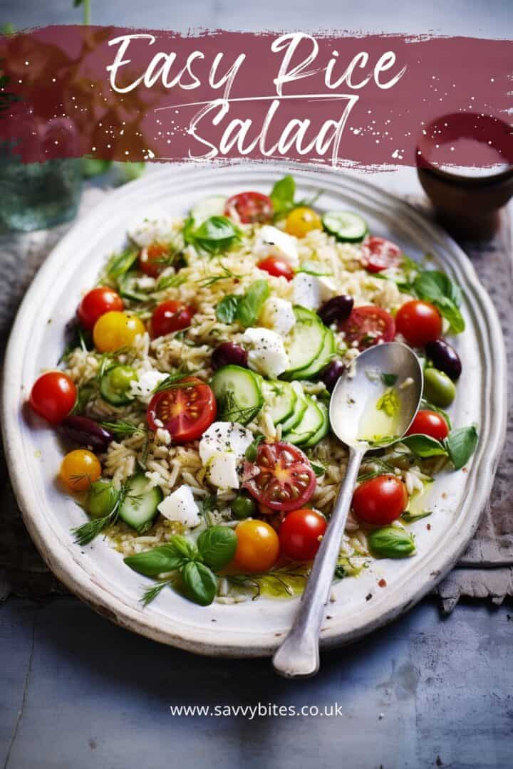 Easy rice salad with text overlay.