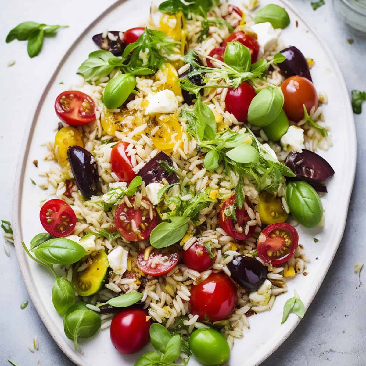 Rice salad with basil and tomatoes.