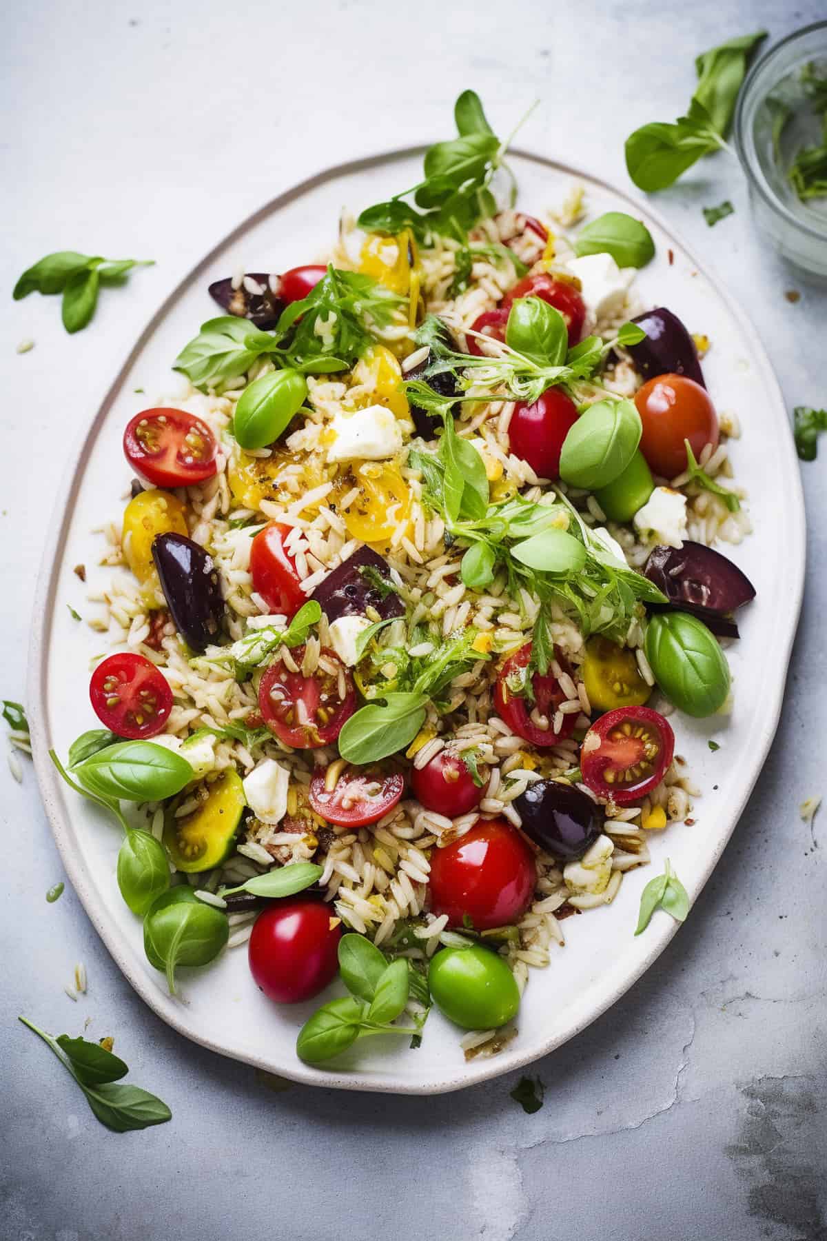 Rice salad with basil and tomatoes.
