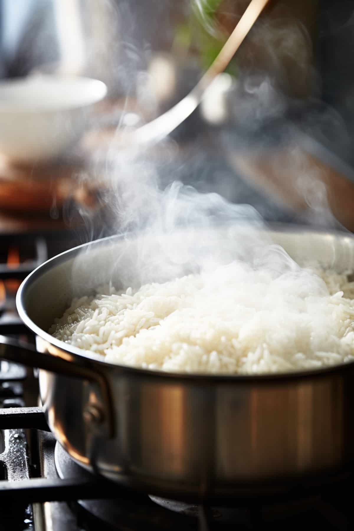 Rice cooking on a stove.