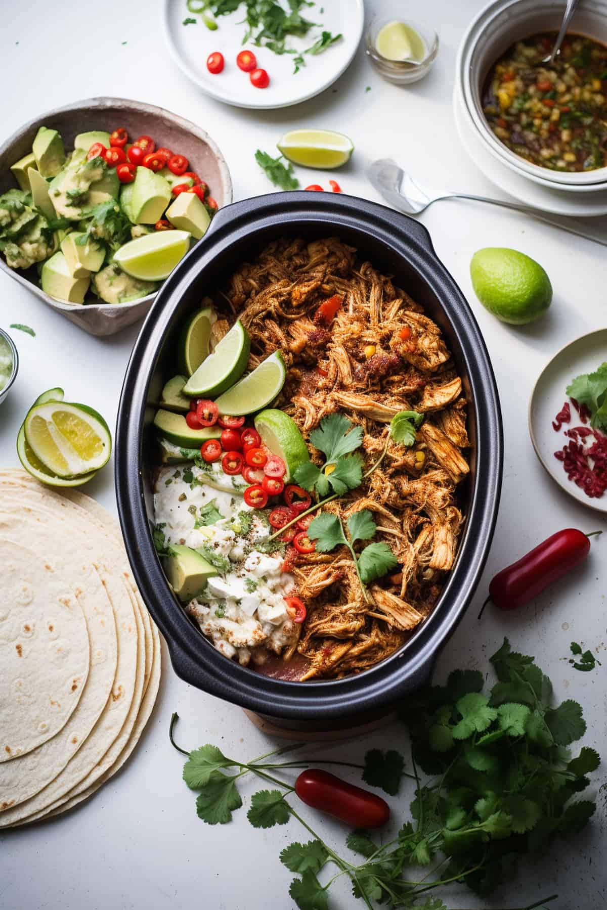 Chicken in a slow cooker for tacos.