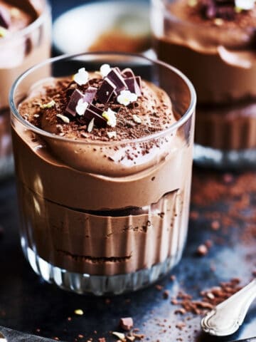 Easy Chocolate Mousse with chocolate shavings.
