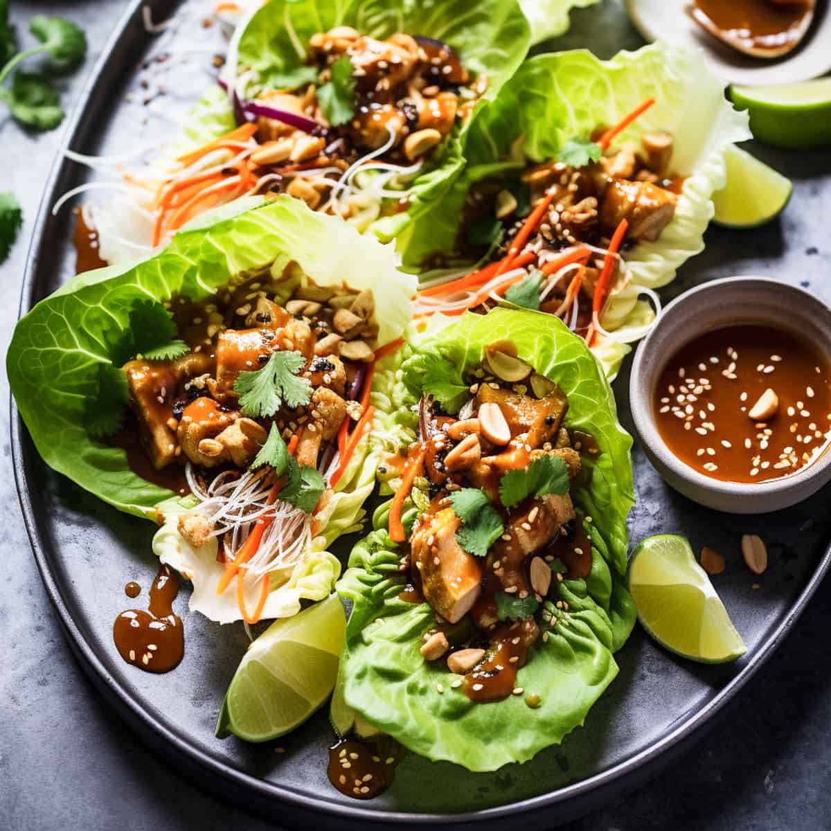 Asian chicken lettuce wraps with peanut sauce on a plate.