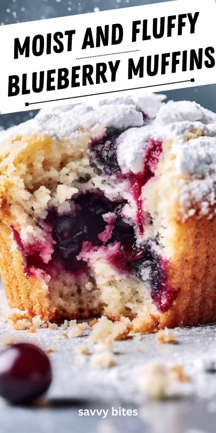 Moist and fluffy blueberry muffin with text overlay.